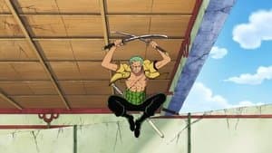 Still from Fierce Sword Attacks! Zoro vs. Kaku, Powerful Sword Fighting Showdown!